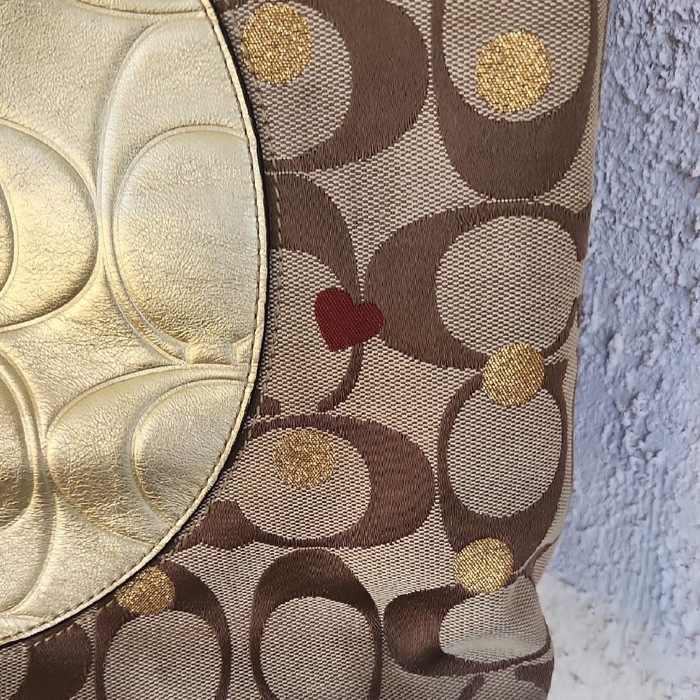 Coach Brown Signature Tote with Metallic Gold Trim - Picture 5 of 16